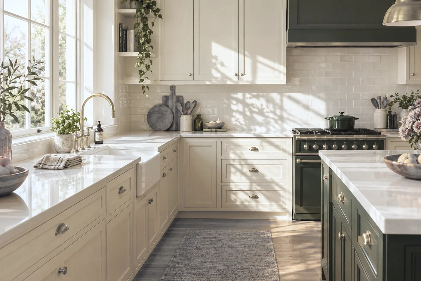 A bright, freshly cleaned kitchen with white counters