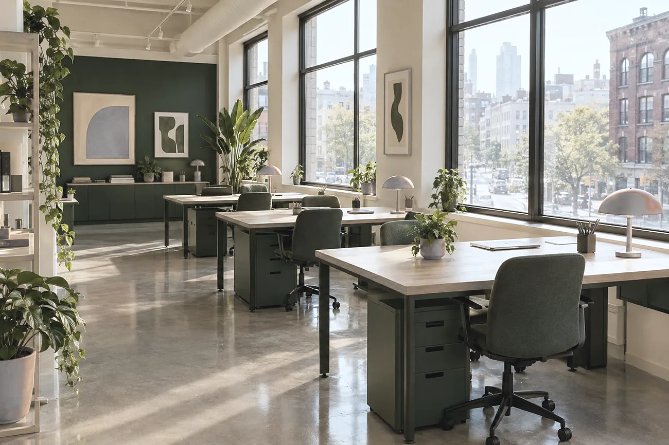 Bright open-plan office with desks and large windows